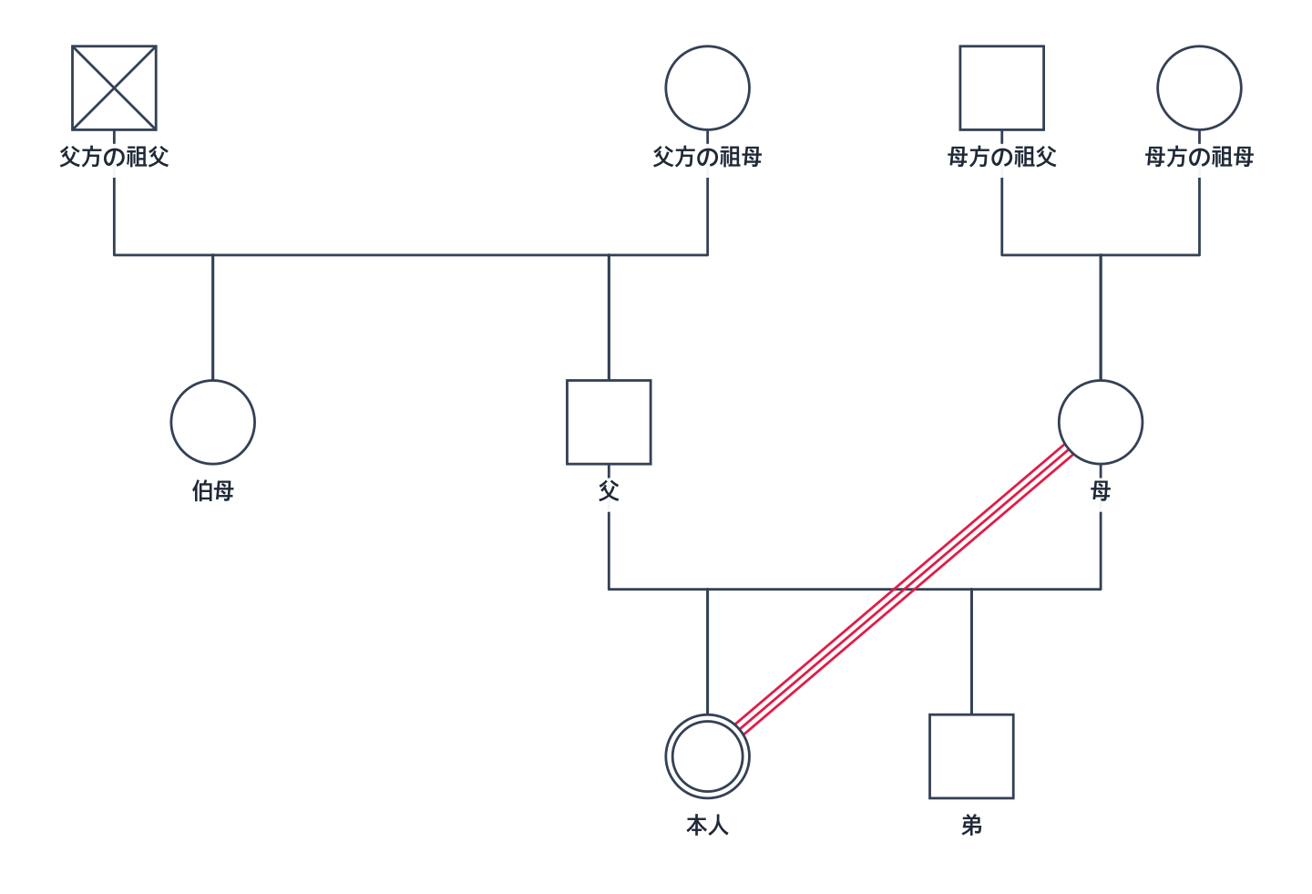 祖父母2組、両親と伯母(父の姉)、本人と弟からなる3世代のジェノグラム。父方の祖父には死亡の印があり、母と本人は3本の平行線(融合)でつながっている