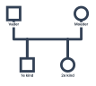 Een genogram met verticale lijnen van de huwelijkslijn van het paar naar twee kinderen. Het eerste kind staat links, het tweede rechts