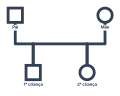 Um genograma com linhas verticais descendo da linha de casamento do casal até dois filhos. A primeira criança fica à esquerda e a segunda à direita