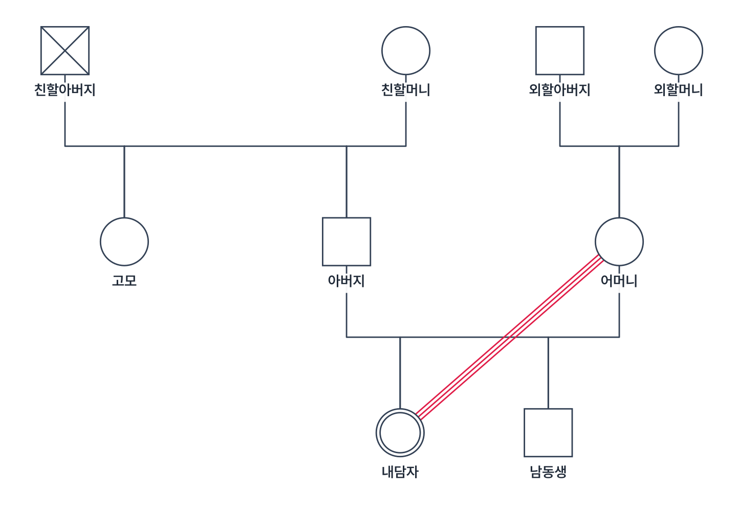 조부모 두 쌍, 부모와 고모(아버지의 누나), 내담자와 남동생으로 이루어진 3세대 가계도. 친할아버지는 사망 표시가 있고, 어머니와 내담자는 세 줄 평행선(융합)으로 이어져 있다